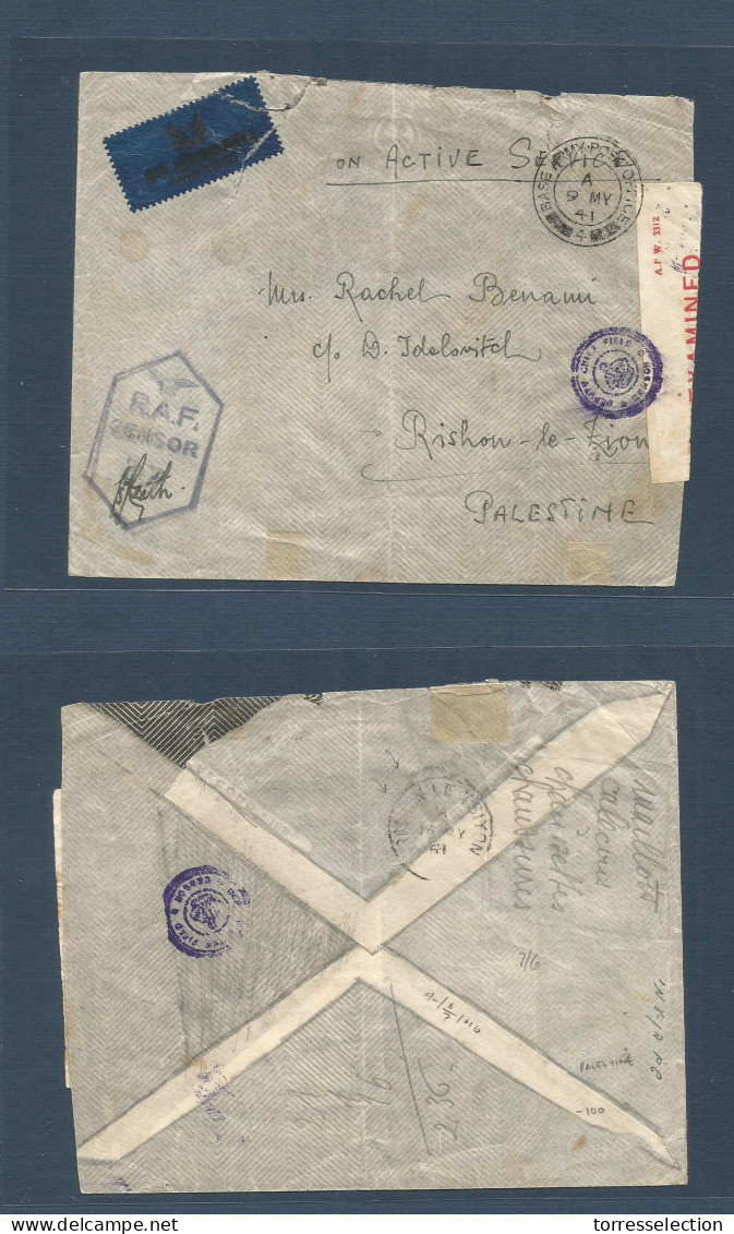 PALESTINE. 1941 (9 May) OAS. WWII, Air RAF Stampless Envelope, Addressed To Rishon - Le - Zion, Palestine (14 May) With  - Palestine