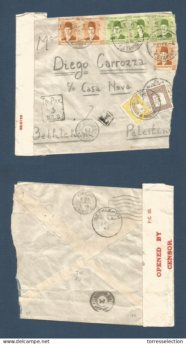 PALESTINE. 1942 (Sept 17-24) Alexandria, Egypt - Bethelem (24 Sept) Multifkd Envelope + Taxed + Arrival To Pay + 2 Pales - Palestine