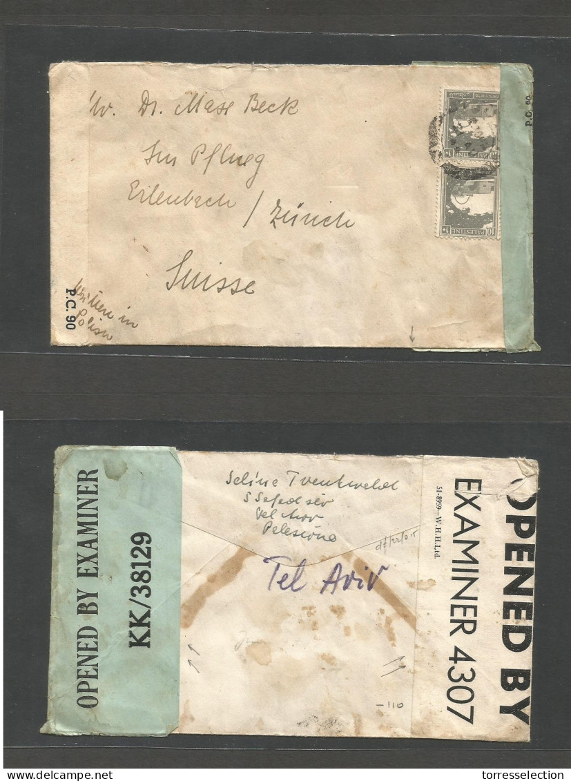 PALESTINE. 1944 (21 Ago) Tel Aviv - Switzerland, Zurich. Fkd Env +depart Dual Censor Labels, KK-38129 + British. Fine. - Palestine