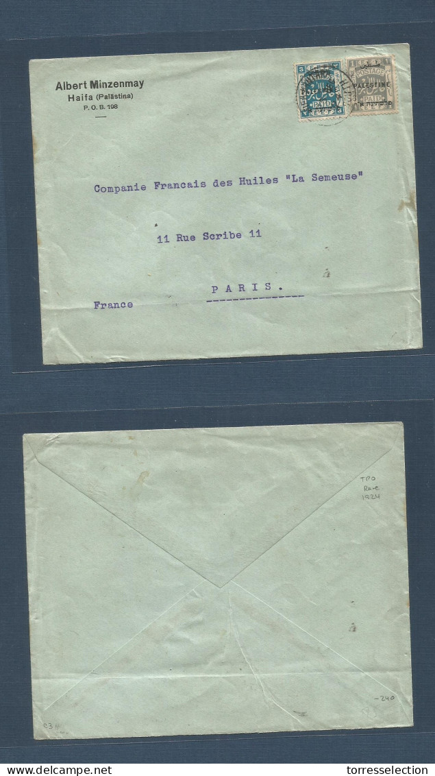 PALESTINE. 1924 (25 Dec, Christmas Day) Haifa - France, Paris. Fkd Envelope Ovptd Trilingual Issue At 4p Rate With TPO " - Palestine