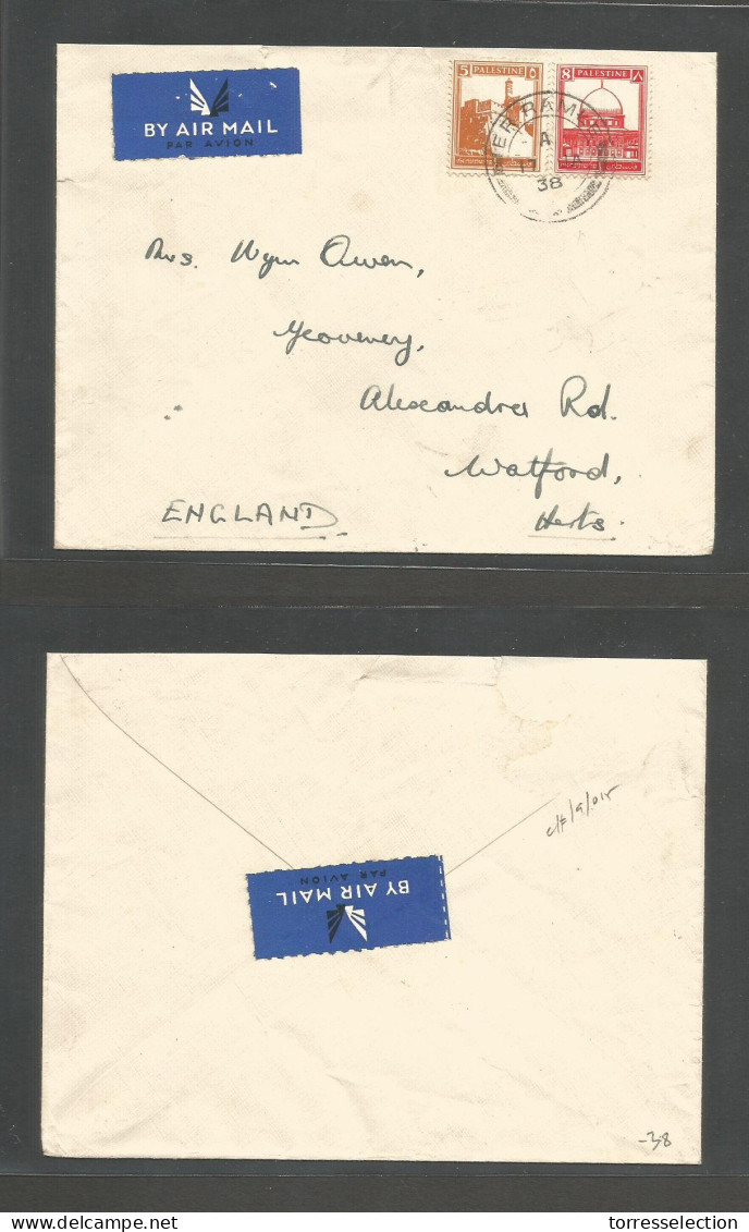 PALESTINE. 1938 (17 Jan) Erramle - UK, Hants, Watford. Air Multifkd Envelope; 13m Rate Cds. Fine. - Palestine