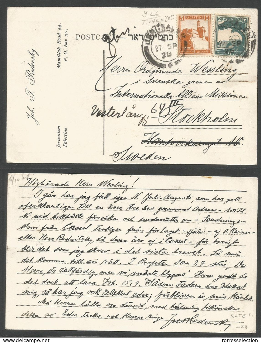 PALESTINE. 1928 (27 Sept) Jerusalem - Sweden, Stockholm. Fkd Private Card, Cds. Rate + Mission Mail. - Palestine