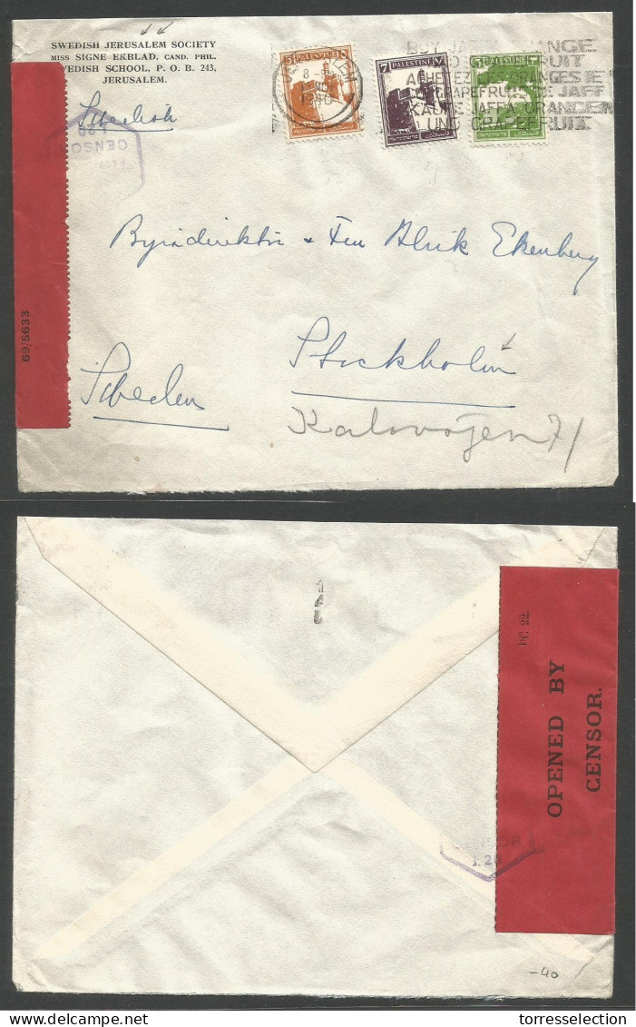 PALESTINE. 1940 (13 March) Jerusalem - Sweden, Stockholm. Censored Multifkd Envelope "Swedish Jerusalem Society". Fine. - Palestine