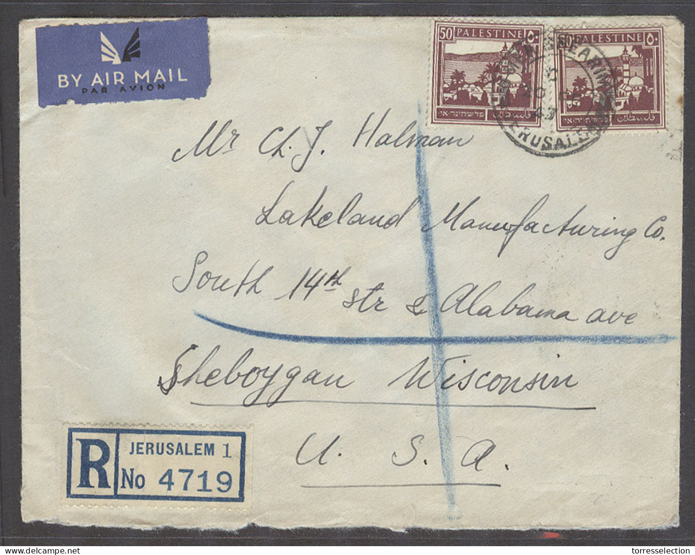 PALESTINE. 1947 (20 Feb). Mea Shearim Jerusalem - USA. Reg Air 100c Rate Fkd Env Sender Rabbi Aron Levental. VF. - Palestine