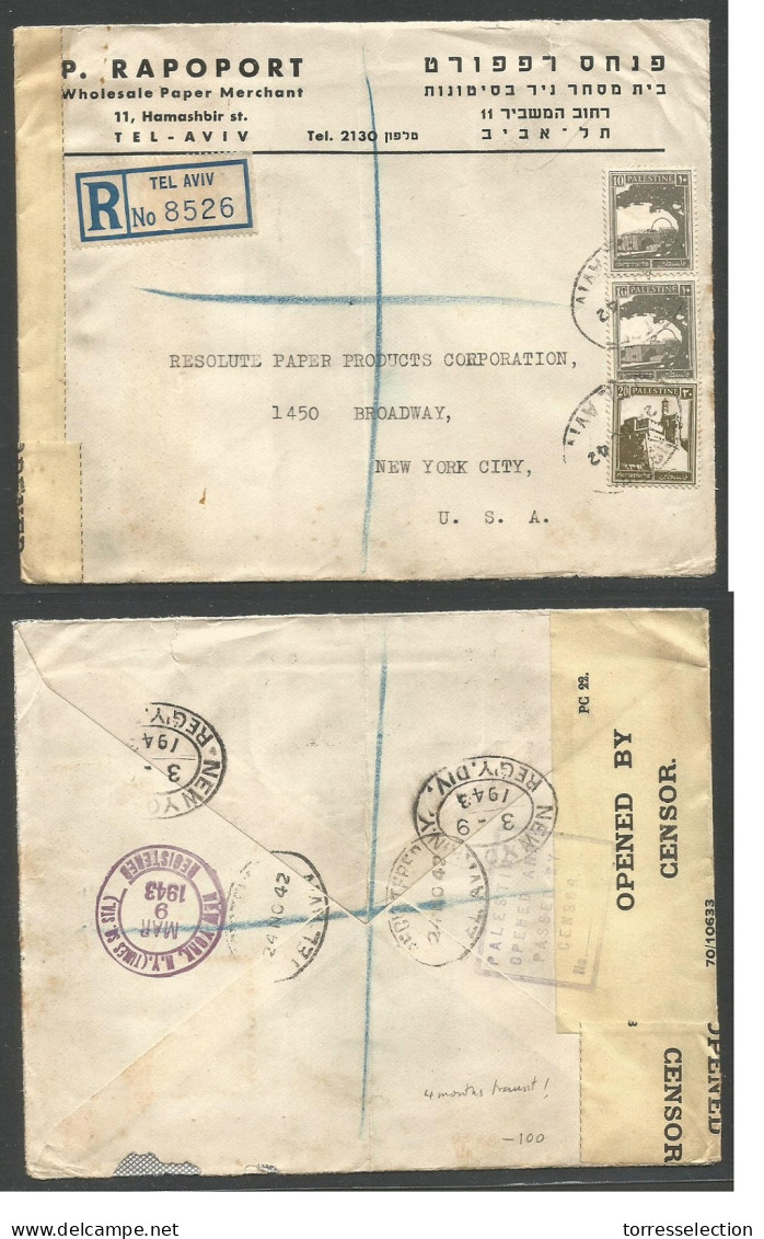 PALESTINE. 1942 (24 Nov) Tel Aviv - USA, NYC (9 March 43). 4 Months Transit. Censored Multifkd Envelope. - Palestine