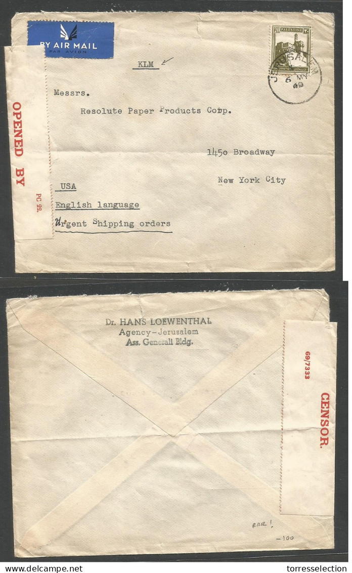 PALESTINE. 1940 (6 May) Jerusalem - USA, NYC. Air Single Fkd Envelope. Censored. Via KLM. Late Trip Air. - Palestine