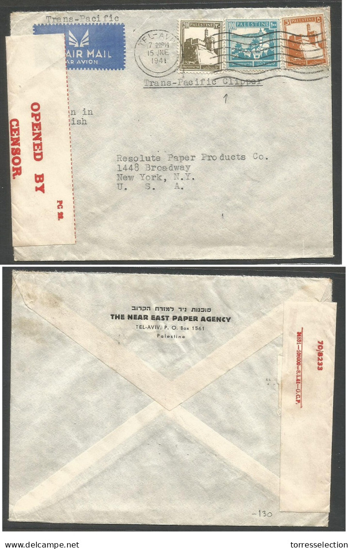 PALESTINE. 1941 (15 June) Tel-Aviv - USA, NYC. Air Multifkd Envelope. Via Transpacific. Censored. - Palestine