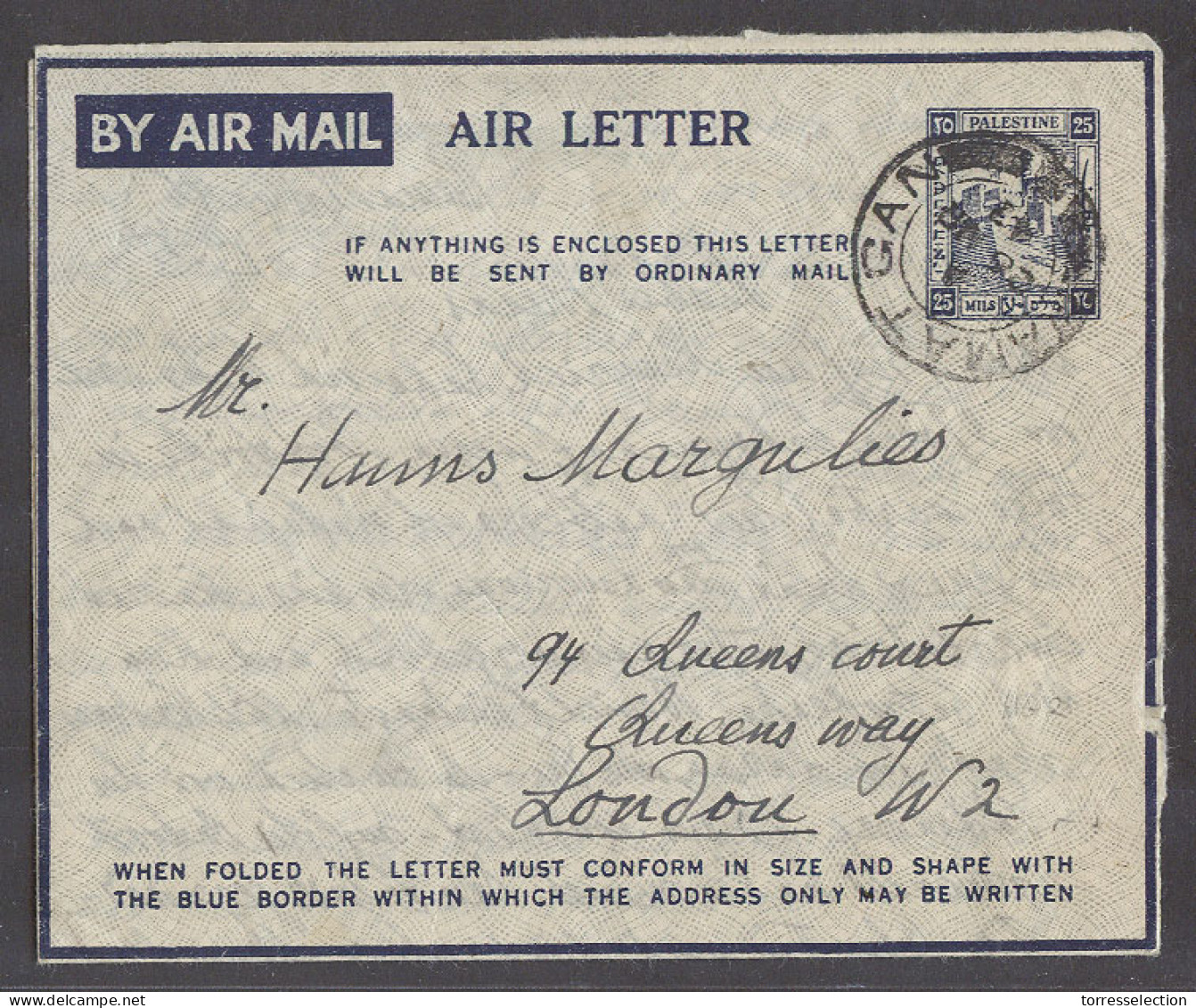 PALESTINE. 1947 (28 March). Ramat Gan - UK, London. 25ms Blue Air Stat Lettersheet With Long German Text. V Scarce Early - Palestine