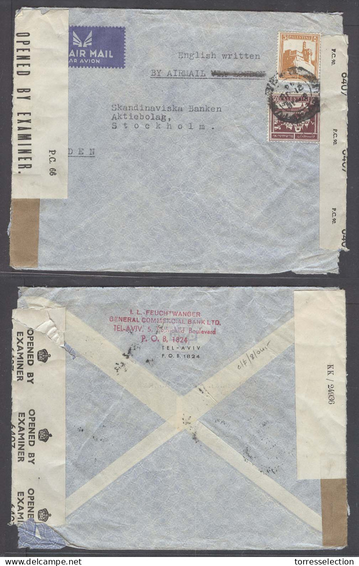 PALESTINE. 1944 (21 June). Airmails Tel Avivv Intended Via London But Crossed Out Triple British Censor One Is KK / 2493 - Palestine