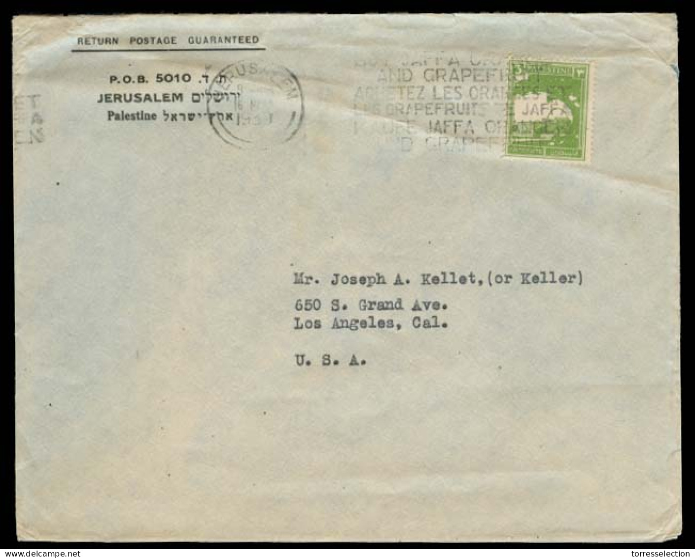 PALESTINE. 1939. Jerusalem - USA. Pm Rate Fkd Env Slogan Cancel Jaffa Oranges And Fragment (See Gelshon Cat). - Palestine