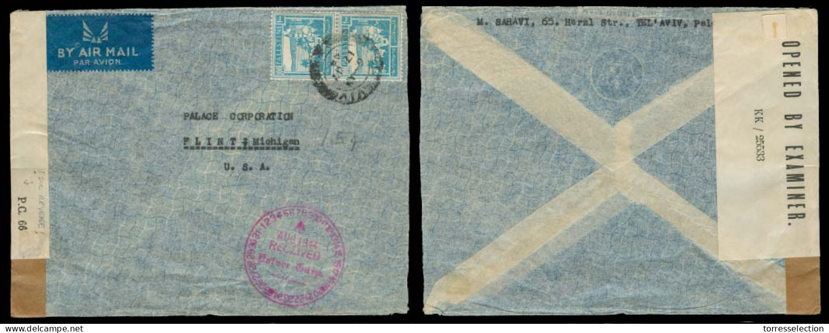 PALESTINE. 1944 (17 July). Tel Aviv - USA. Air Fkd + Censor Label / KK - 25533. - Palestine