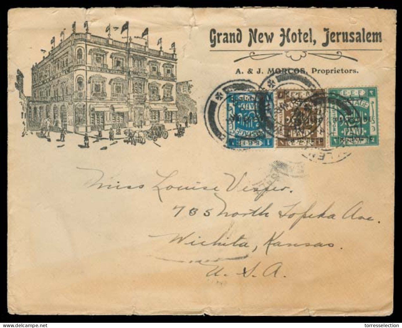 PALESTINE. 1922 (26 March). Jerusalem - USA. Grand New Hotel Ilustrated Env / Tricolor Fkd Ovptd Issue. Fine. - Palestine