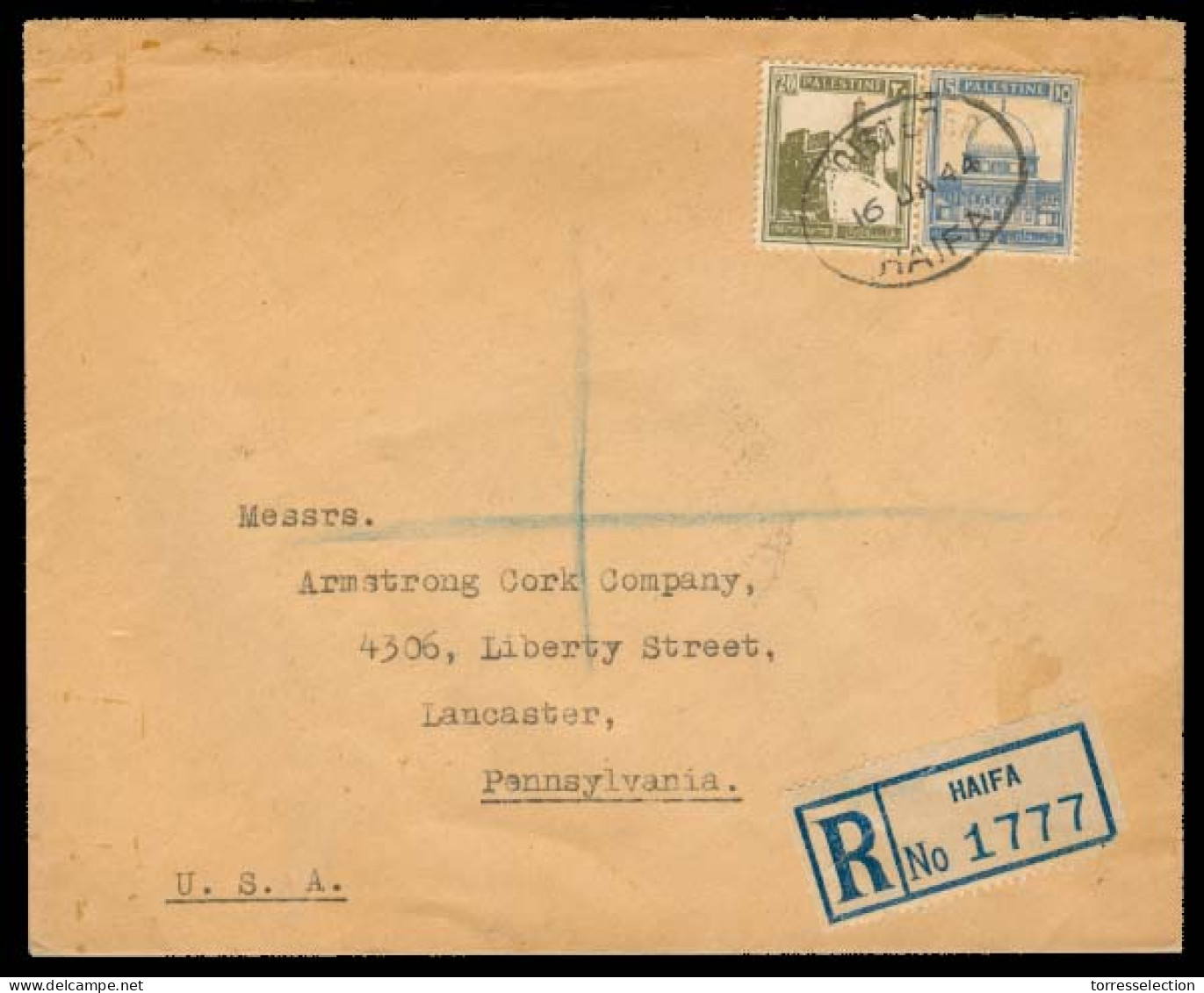 PALESTINE. 1944 (16 Jan). Haifa - USA. Reg Fkd Env "Haspaka" Agency. Proper Transits Reverse. VF. - Palestine