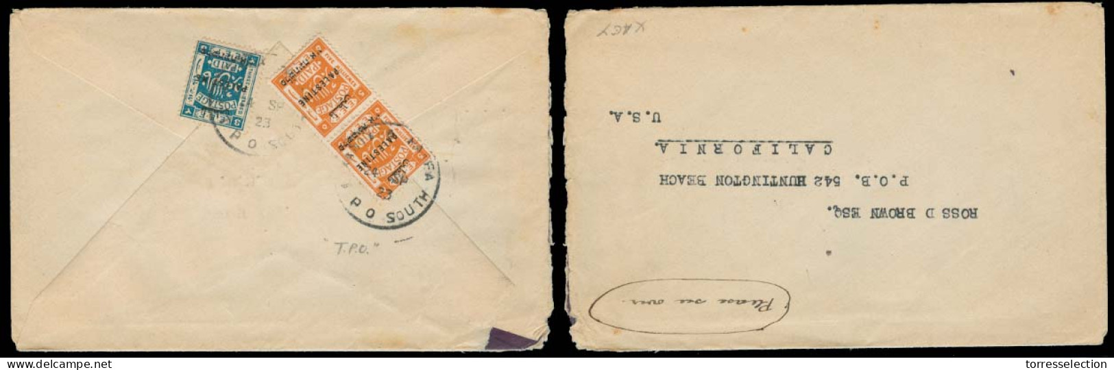 PALESTINE. 1923 (24 Sept). Haifa - USA. TPO / Antern - Haifa / P.O. South. Fkd Ovptd Issue Reverse Env. Most Unusual. - Palestine