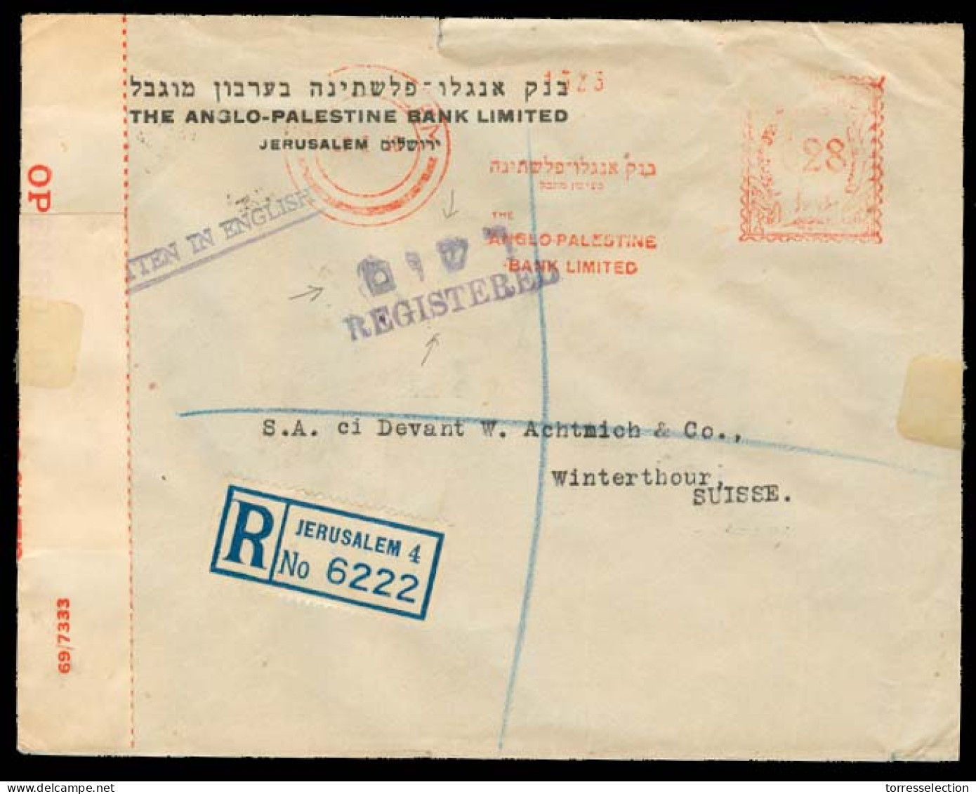 PALESTINE. 1940 (27 Feb). Jerusalem - Switzerland. Reg Fkd Censored Env / Special Bilingual R-cachet + J3 / 69 / 7333 Ce - Palestine