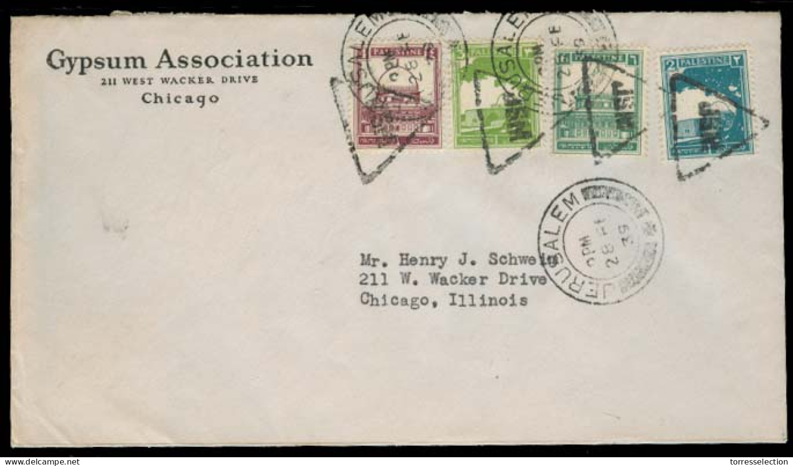 PALESTINE. 1939 (28 Feb). Jerusalem - USA. Multifkd Env "Holiday Triangles" Cancel + Reg Cds. V Scarce. XF. - Palestine