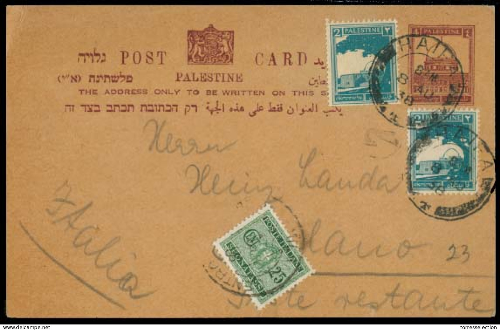 PALESTINE. 1938 (8 Aug). Haifa - Italy. 4ms Stat Card + 2 Adtls / Tied Cds + Arrival Italian P Due As Poste Restante. VF - Palestine