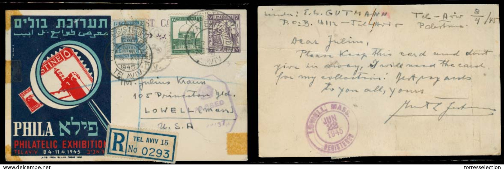 PALESTINE. 1945 (8 April). Tel Aviv - USA. Reg Comme 7c Stat Expo Card + 2 Adtls With Censorship Marks. VF Early Circula - Palestine