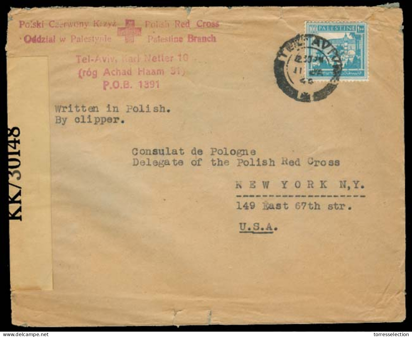 PALESTINE. 1944 (11 Jan). Polish Red Cross In Palestine Tel Aviv- USA. Special Cachet / Tel Aviv + Fkd Env / KK 30148. - Palestine