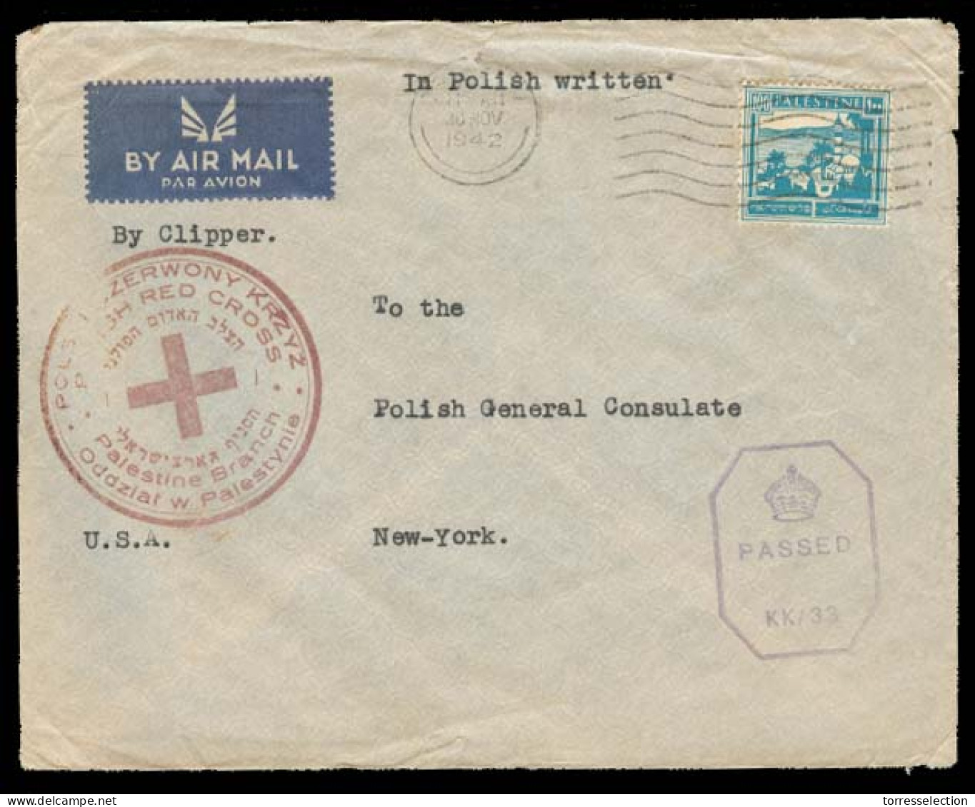 PALESTINE. 1942 (30 Nov). Polish Red Cross / Palestine Branch. Tel Aviv - USA. Fkd + Censored Air Env With Special Cache - Palestine
