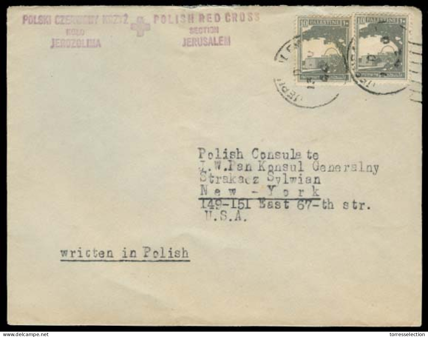 PALESTINE. 1944 (13 Aug). Polish Red Cross In Jerusalem. Fkd Env Addressed To USA. Special Cachet. VF. - Palestine