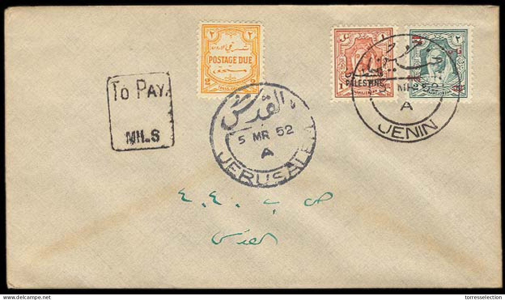 PALESTINE. 1952 (3 March). Jenin - Jerusalem. Fkd Env / Ovptd Issue + Postage Due Tied / Taxed. VF. - Palestine