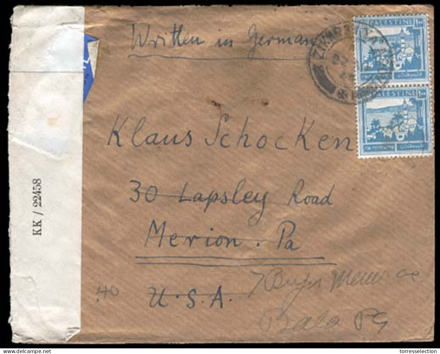 PALESTINE. 1944 (Aug 22) Zikbranya Agov To Merrion, PA, USA (Sep 20). Franked Envelope (Sc 80x2), Tied Cds With Censor K - Palestine