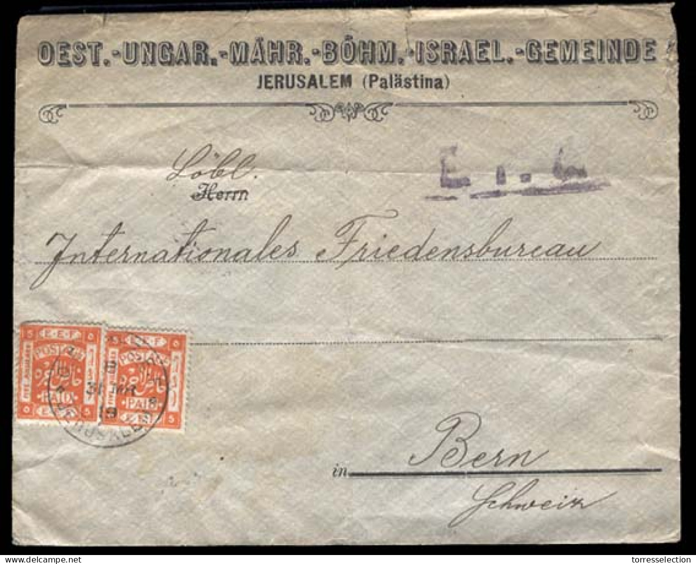 PALESTINE. 1919 (March 31) Jerusalem To Bern, Switzerland. Franked Envelope / EEF (Sc 8 X 2), Tied Cds. Via Cairo (April - Palestine