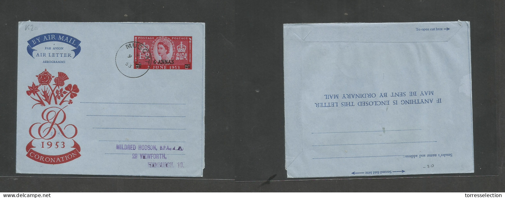 OMAN. 1953 (9 Sept) Muscat - Edinburg, Scotland, Cancelled Cds Overprinted QEII Air Lettersheet Stationary. VF Cds. - Omán