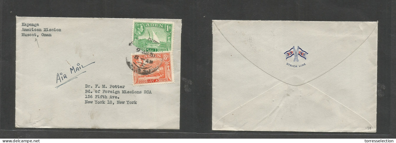 OMAN. 1951 (9 June) American Mission, Muscat - USA, NYC. Air Multifkd Envelope With Aden Stamps At 1rs 8a Rate, Cancelle - Oman