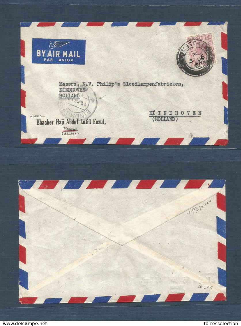 OMAN. 1951 (3 Dec) Muscat - Netherlands, Eindhoven (11 Dec) Air Fkd Ovptd Issue Envelope. Comercial + VF Strike. - Oman