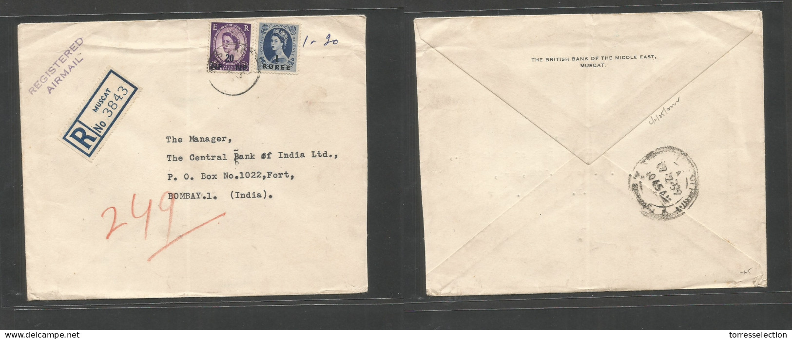 OMAN. 1958 (Febr) Muscat - Bomaby, India (17 Febr) Registered Air Multifkd Env At 1 Rupee 20 Omp Rate, Cds + R-label. Fi - Oman