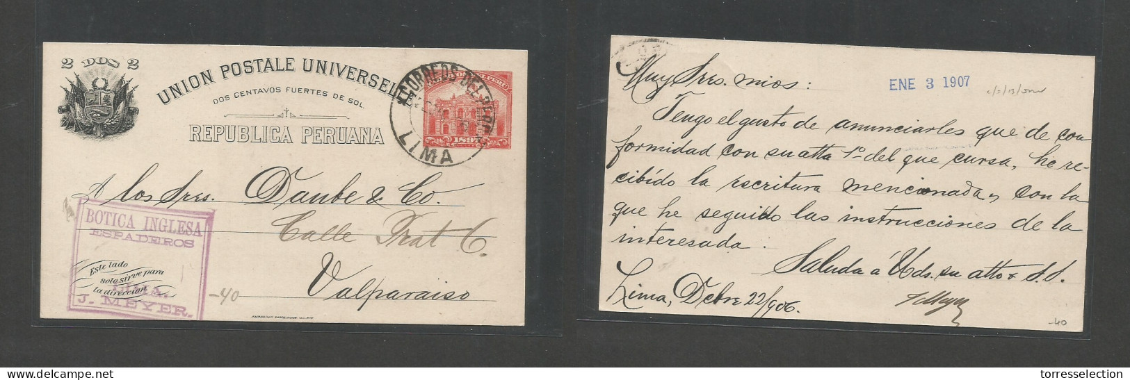 PERU. 1906 (Dec 22) Lima - Chile, Valparaiso (3 Enero 1907) 2c Black / Red Stat Card. Botica Inglesa Esparderos Violet C - Pérou