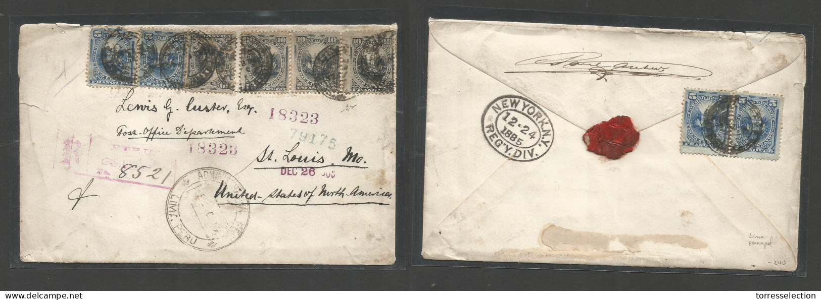 PERU. 1885 (5 Dec) Lima - USA, St. Louis. MO Via NYC. Registered Multifkd Envelope At 50c Rate Tied Lima Principal, Cds  - Pérou