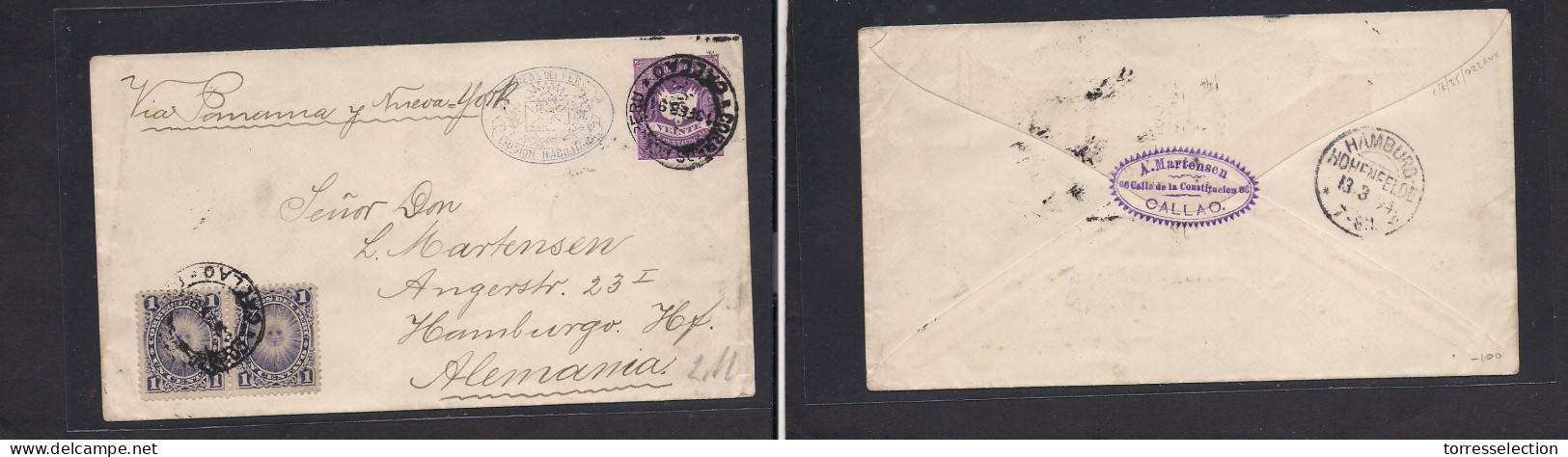 PERU. 1894 (13 Feb) Callao - Germany, Hamburg (13 March) 20c Lilac Ovptd Stat Env + 2 Adtls, Tied Cds. Fine Usage. - Pérou