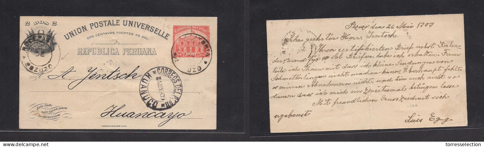 PERU. 1909 (26 May) Pozuzo - Huancayo (4 June) 2c Red Stat Card. Very Rare Origin. Locally Used. - Pérou