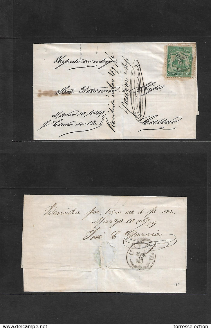 PERU. 1869 (10 March) Tua - Callao (10 March) E Fkd 5c Green Cds, "Urgente Entrega" + Recibido Endorsement Reverse "Reci - Pérou