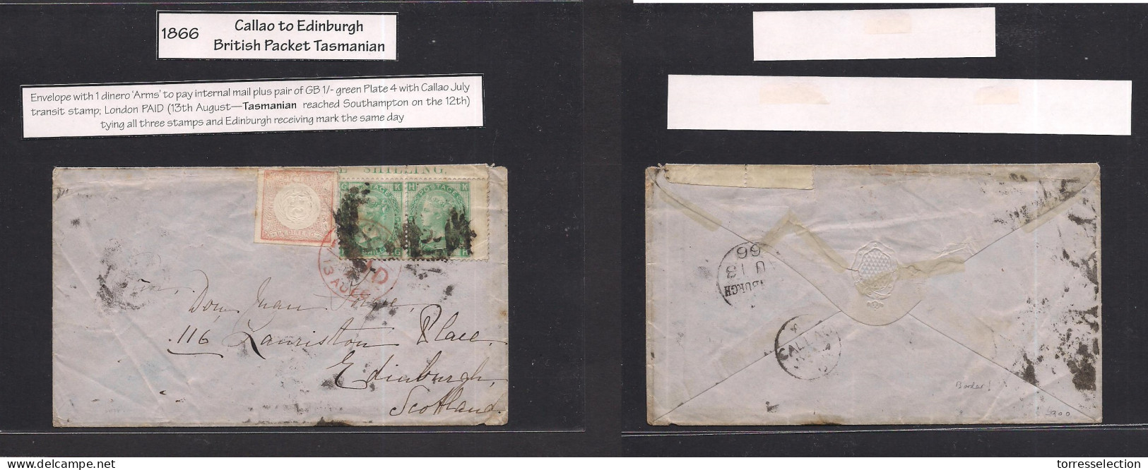 PERU. 1866 (July) Callao - Scotland, Edinburgh (Aug 13) Via London (same Day Aug 13) Fkd Env 1 Dinero Rose, Good Margins - Pérou