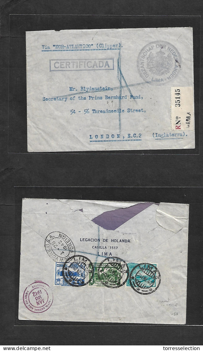PERU. 1942 (24 Jan) DUTCH Goverment In Exile. Diplomatic Mail. Registered Reverse Multifkd Envelope, Dutch Embassy In Li - Pérou
