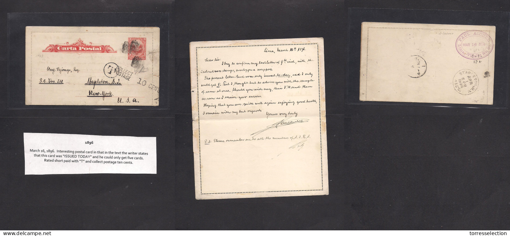 PERU. 1896 (16 March) Day Of Issue Firstday. Lima - USA, NYC, Stapleton (Apr 1) 3c Red Carta Postal Stationary Letter, C - Pérou