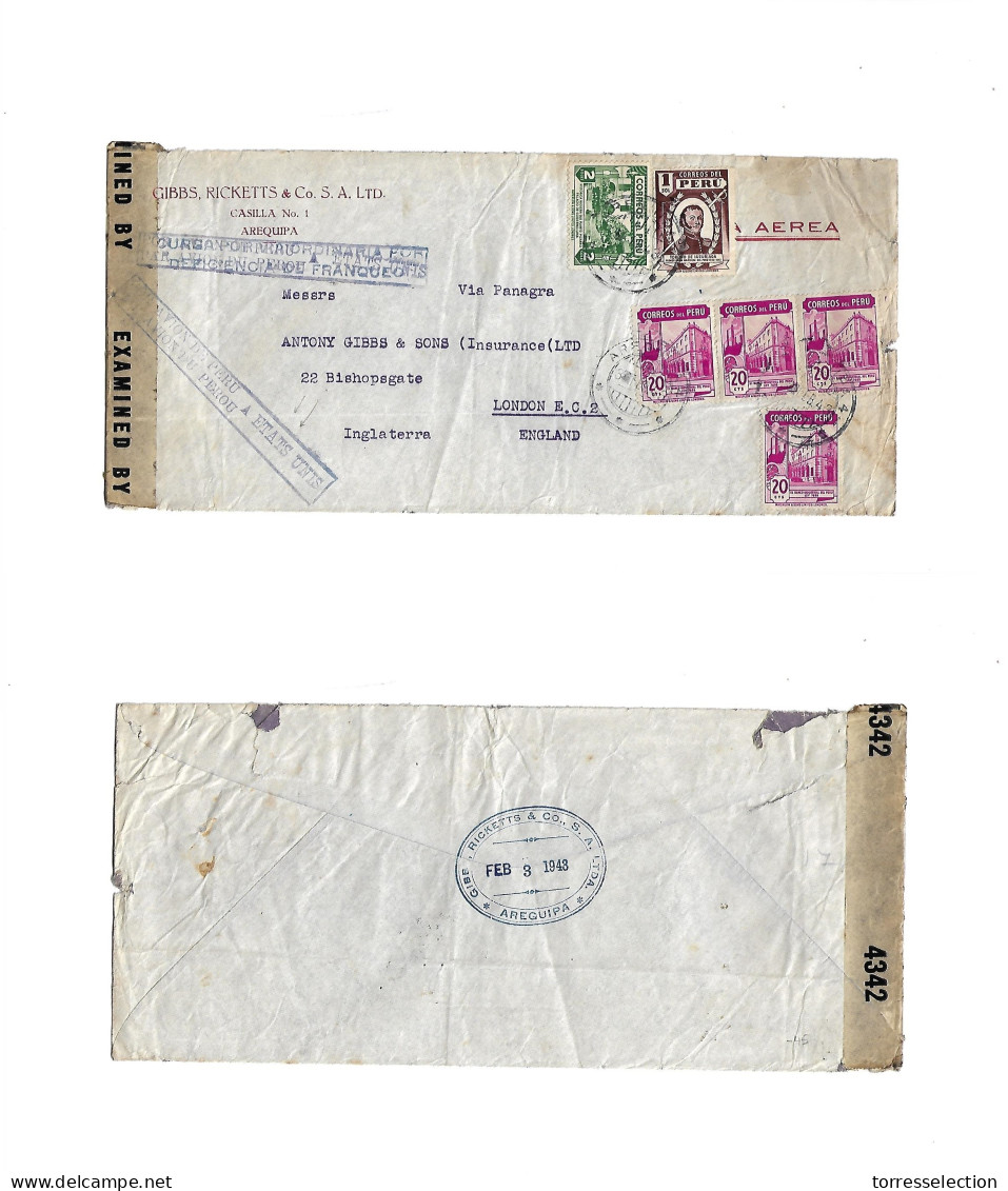 PERU. 1943 (3 Feb) Arequipa - UK, London. Air Multifkd Env, Censored With Rare Air Cachet "Por Avion De Perú A ETAT UNIS - Pérou