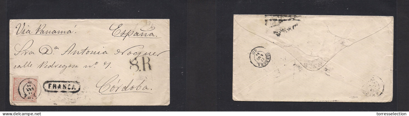 PERU. 1864 (18 Sept) Lima - Spain, Cordoba, South Of Country (17 Oct) Franked Env 1 Dinero Rose Embossed Tied Cds, Oval  - Pérou