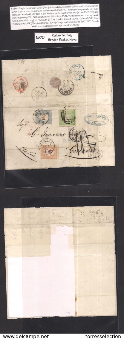 PERU. 1870 (June 26) British Post Office. Callao - Italy, Genova (30 July) E Fkd 1 Dinero Green Good Margins Tied BPO C- - Pérou