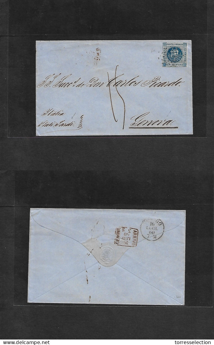 PERU. 1860. Lima - Italy, Genova, Stati Sardi (16 Jan 60) Fkd Env. Un Dinero Blue (6a) Tied Dots Circle. Pre-Italian Uni - Pérou