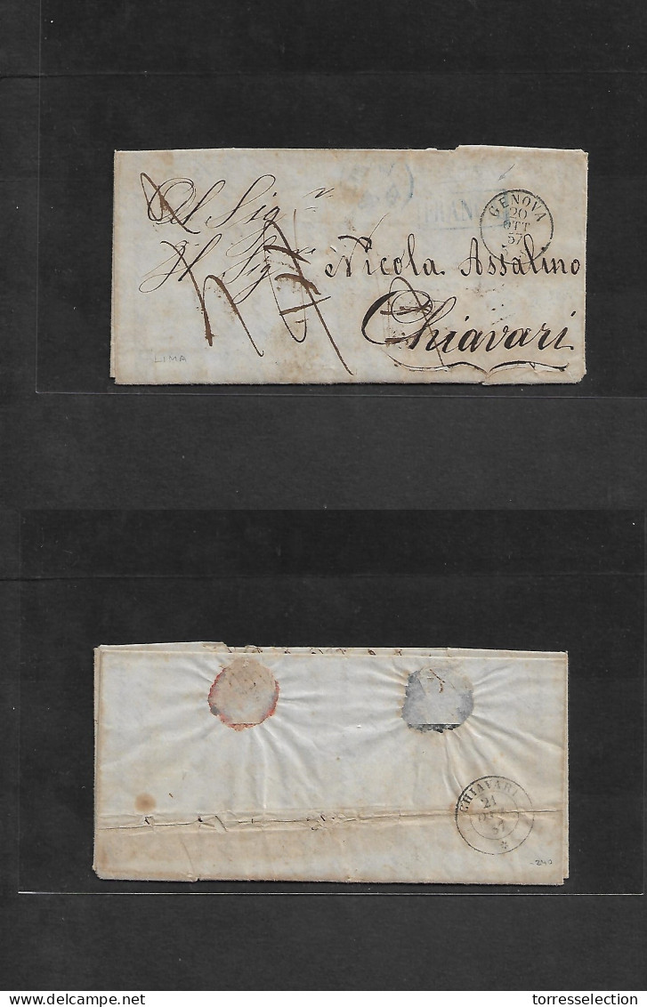 PERU. 1857 (12 Sept) Lima - Italy, Chiavari (21 Oct) Via Genova (20 Oct) EL Full Text Blue Lima Cds + "FRANCA" Box + 4 D - Pérou