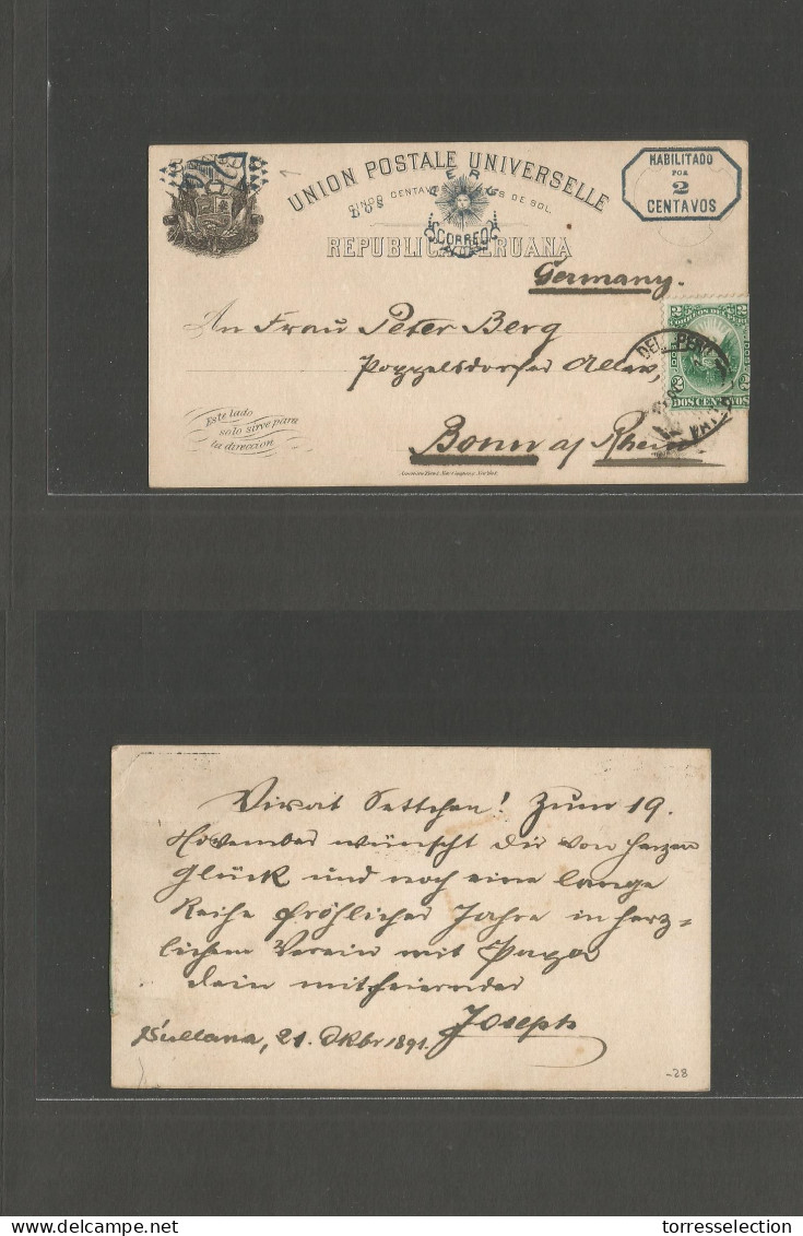 PERU. 1891 (21 Dec) Sultana - Germany, Bonn. Hablikdo 2c Ovptd Stat Card + 2c Adtl Stamp, Cds. Fine. - Pérou