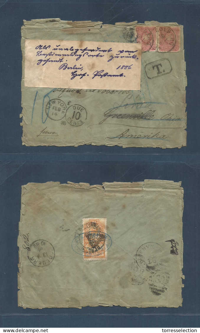 PERU. 1886 (28 Jan) Germany, Goldberg - USA, Greenville. OH - Perú, Tula. Fkd Env 10 Pf Red Pair, Cds. Taxed, Fwded  Wit - Pérou