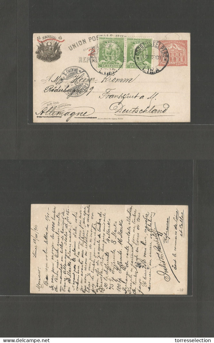 PERU. 1903 (17 Dic) Lima - Germany, Frankfurt. (25 Jan 04)  4c Stat Card + 2 Adtls. Fine. - Pérou