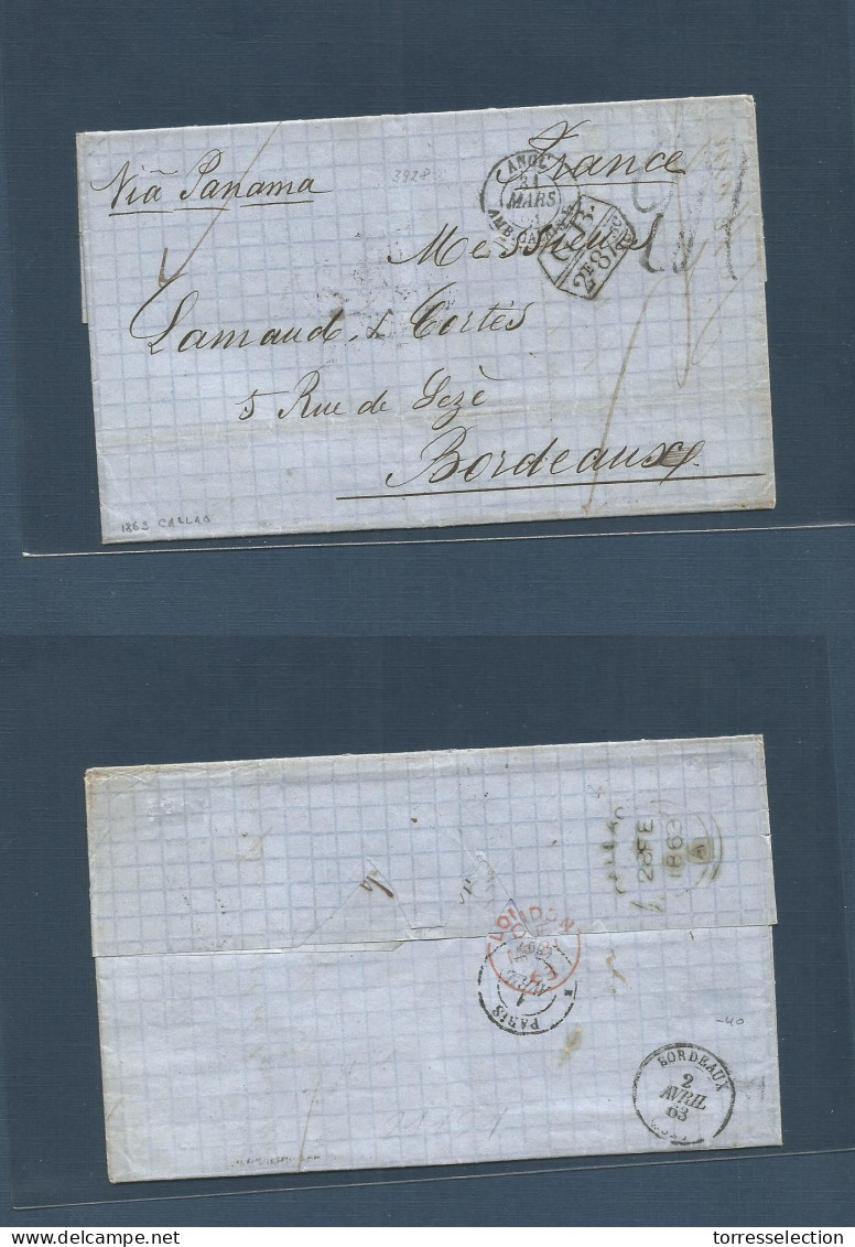 PERU. 1863 (24 Feb) BPO. Callao - France, Bordeaux (2 Apr) EL Full Text Via British P.O. "Callao" Shows Well Opened. Fin - Pérou