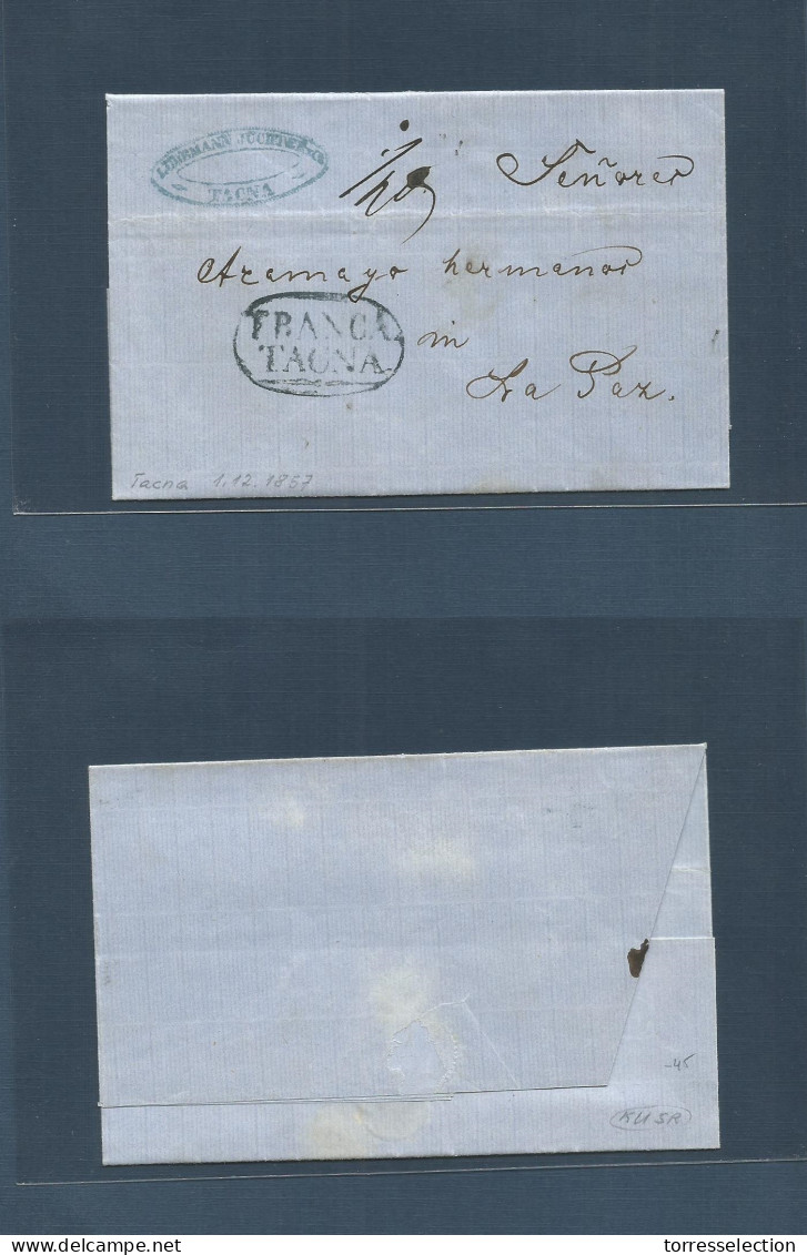 PERU. 1857 (1 Dec) Tacna - La Paz / Bolivia. EL Full Contains Black Oval "FRANCA / TACNA" + "1/2 ONZA" Weight. VF. - Pérou